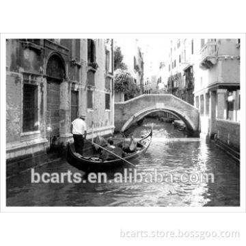 Chinese painting of village life on black and white canvas